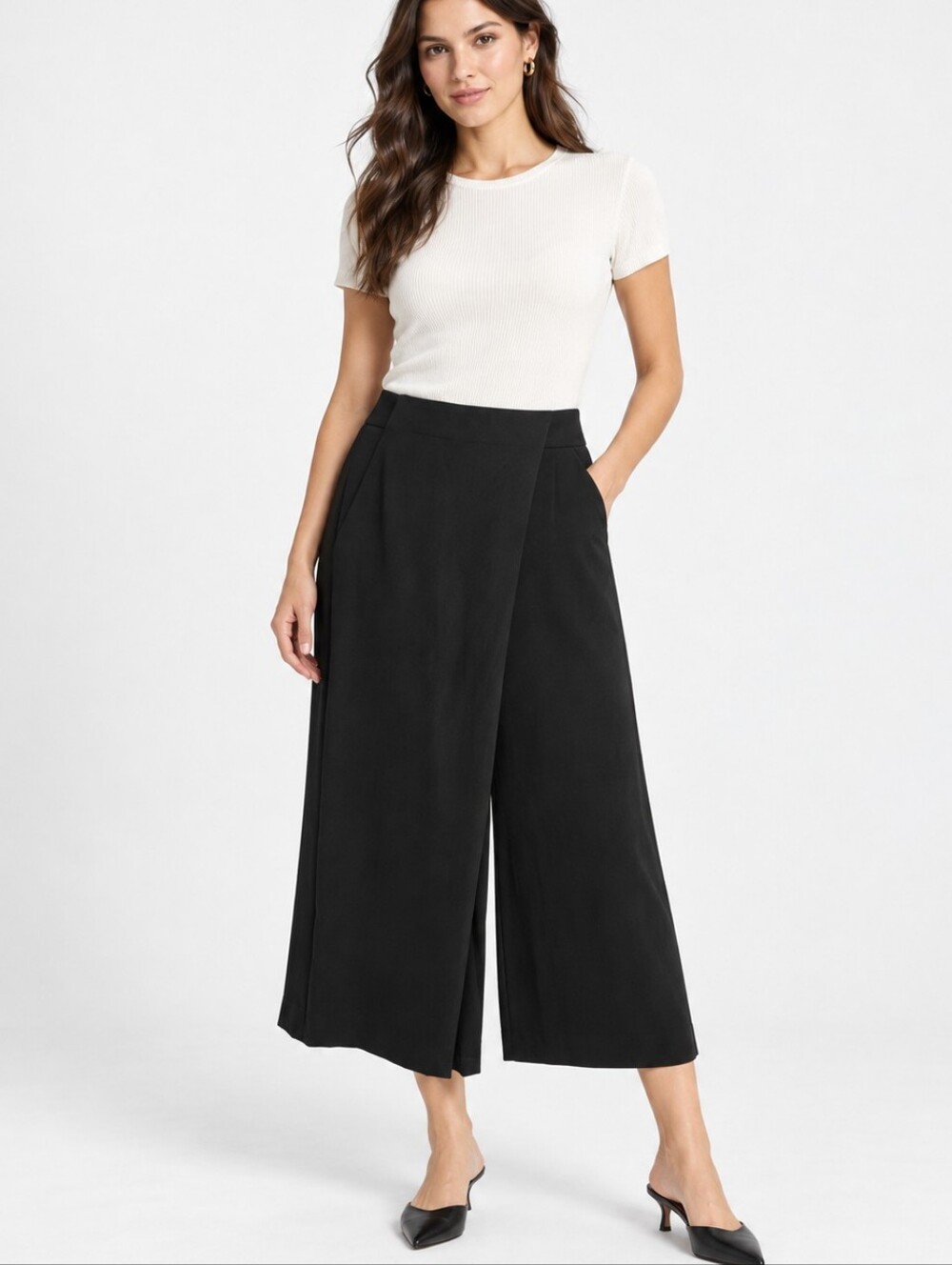 Zara Women's Asymmetric Wide-Leg Trouser Crop Culottes Pants Size Small Black